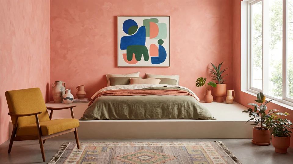 Gros plan sur une main d'artisan appliquant de la peinture à la chaux sur un mur avec un pinceau ou une brosse traditionnelle, montrant la texture mate et les finitions nuancées caractéristiques de cette technique. La peinture doit avoir une teinte naturelle (blanc cassé, terre, ocre). Le mur doit montrer une surface partiellement peinte pour bien visualiser le processus artisanal et la qualité de l'application. L'arrière-plan doit être flou pour mettre en avant le travail de l'artisan.