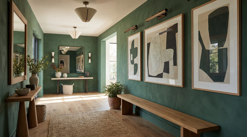 Intérieur d'une pièce d'habitation avec un mur en stuc ou enduit décoratif présentant une texture prononcée et une finition raffinée. Le mur doit montrer clairement la profondeur et les jeux de lumière sur la surface texturée, révélant des variations subtiles de couleur et de relief. La pièce doit être bien éclairée naturellement ou artificiellement pour mettre en évidence la richesse visuelle et la complexité de la finition murale. Un mobilier simple et épuré (fauteuil, table basse ou console) peut être présent dans le cadre pour contextualiser l'usage résidentiel de cet espace. Aucun texte, logo ou filigrane visible.