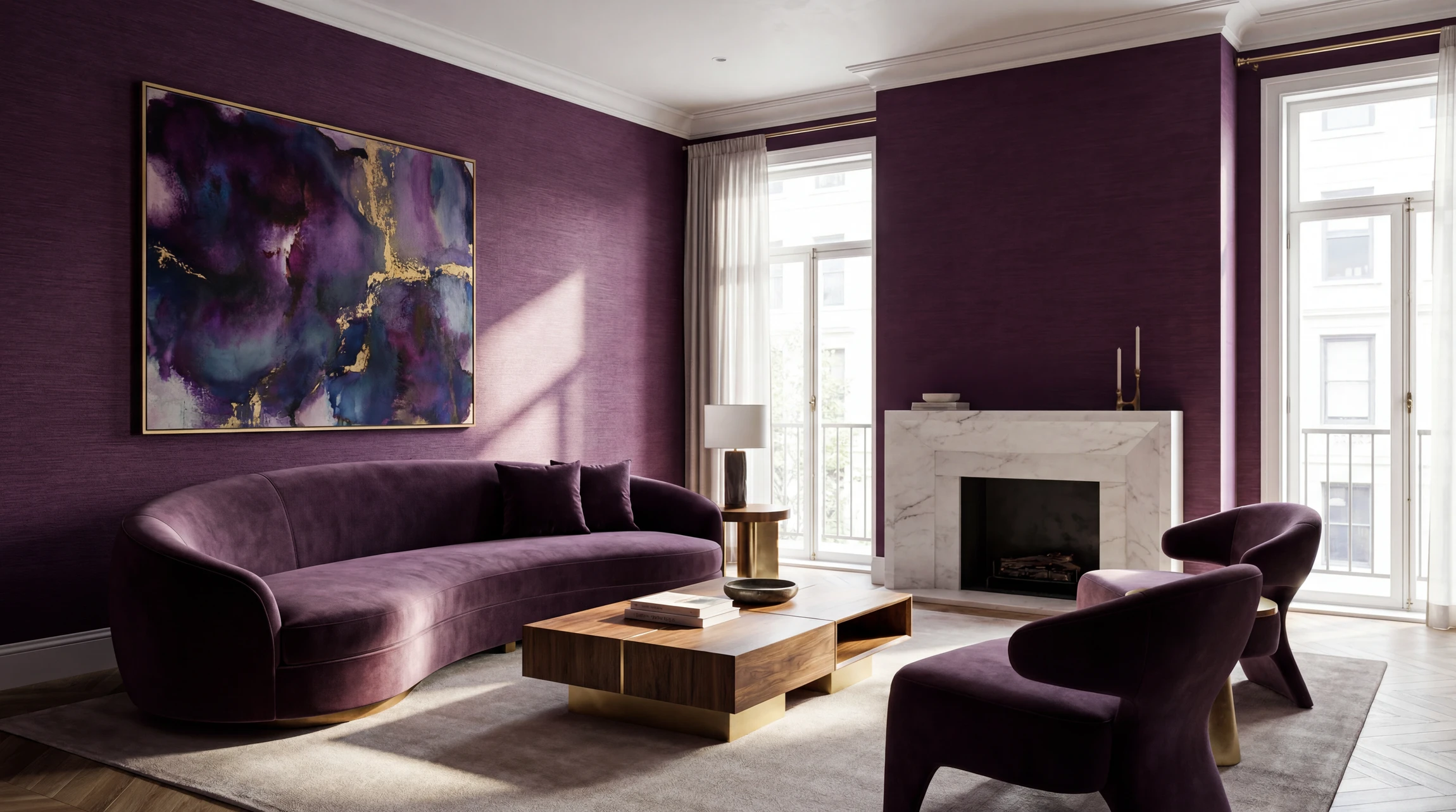 Gros plan sur un artisan appliquant du papier peint motif géométrique ou floral sur un mur intérieur blanc. On voit sa main tenant une raclette lisse en plastique, étalant le papier peint avec soin pour assurer une pose parfaite sans bulles. L'arrière-plan montre un salon avec murs partiellement revêtus, mettant en évidence la qualité et la finition du travail de pose. La lumière naturelle met en valeur la texture et le motif du papier peint fraîchement posé.