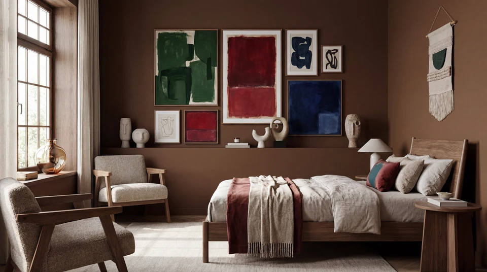Décor intérieur maison dans les tons gris et marron : pot en verre avec fleurs séchées, vase et bougie sur le plateau en bois sur la table basse sur un canapé avec coussins