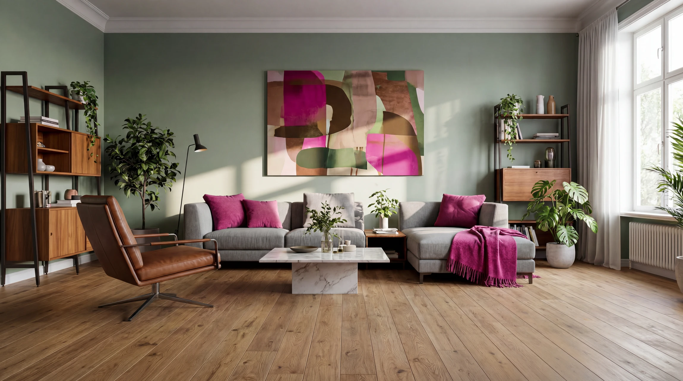 Photographie réaliste d'une pièce d'intérieur moderne et lumineuse mettant en avant un parquet flottant de qualité fraîchement posé, visible au premier plan dans une belle finition naturelle ou teintée. La pièce doit montrer les caractéristiques du parquet : ses lignes droites, sa surface brillante ou satinée, son aspect neuf et impeccablement installé. L'environnement doit être minimaliste et neutre (murs clairs, mobilier discret) pour que le parquet reste l'élément central de l'image. Éclairage naturel valorisant la texture et la finition du sol.
